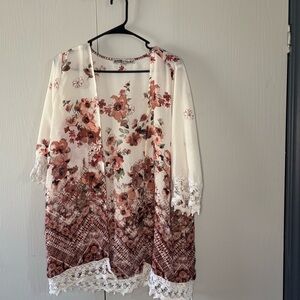 Floral Kimono Cardigan with Lace Trim